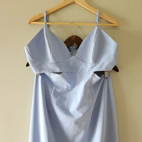 Bardot Cut Out Slit Classy Midi Fitted Cocktail Dress in Light Blue Size XXL. - Picture 9 of 15
